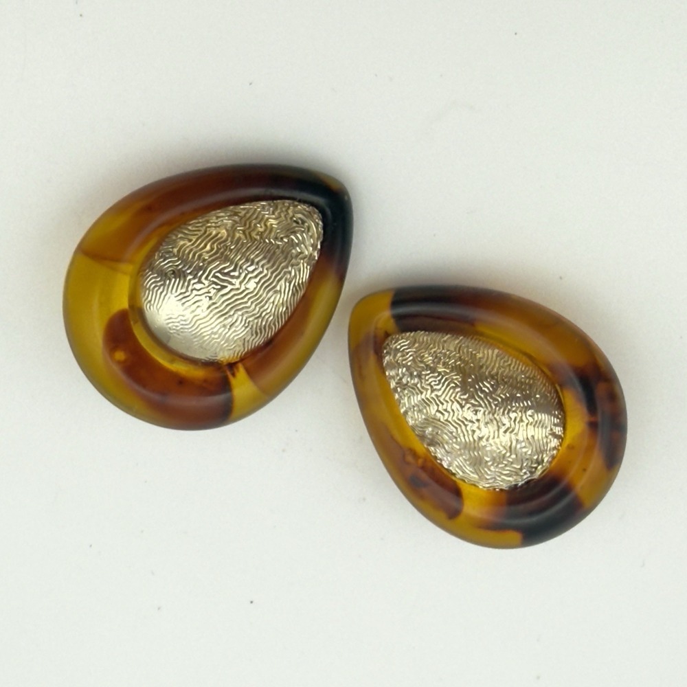 Vintage Tortoiseshell Lucite Teardrop Clip On Earrings Brown Gold Tone